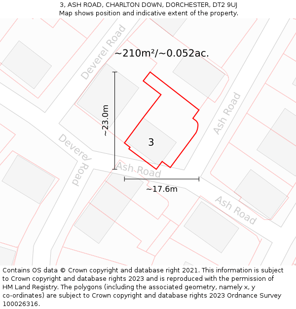 3, ASH ROAD, CHARLTON DOWN, DORCHESTER, DT2 9UJ: Plot and title map