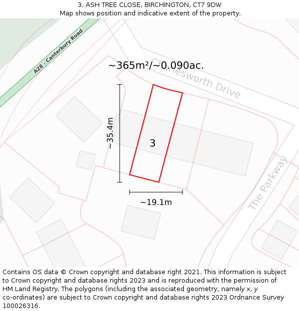 3, ASH TREE CLOSE, BIRCHINGTON, CT7 9DW: Plot and title map