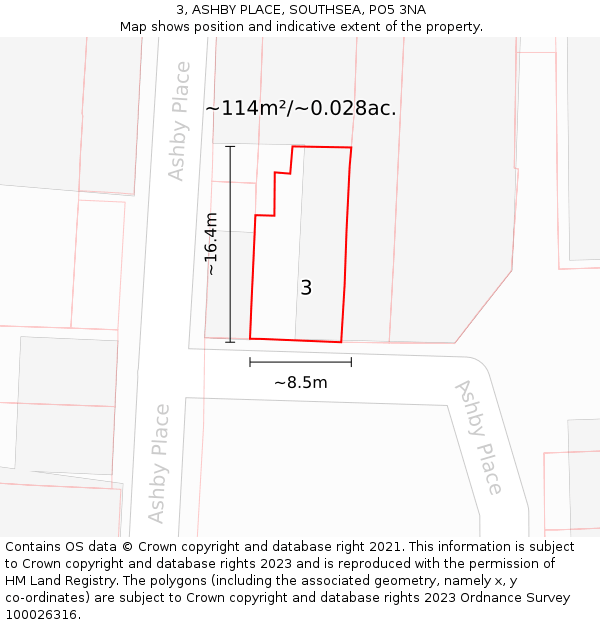 3, ASHBY PLACE, SOUTHSEA, PO5 3NA: Plot and title map