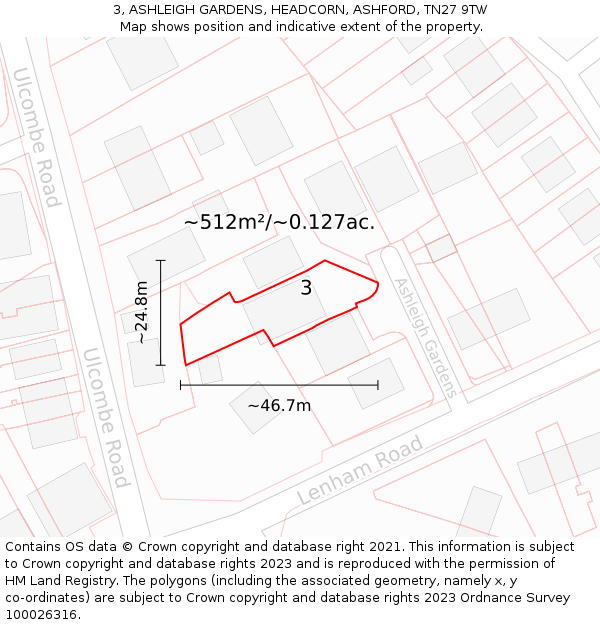 3, ASHLEIGH GARDENS, HEADCORN, ASHFORD, TN27 9TW: Plot and title map