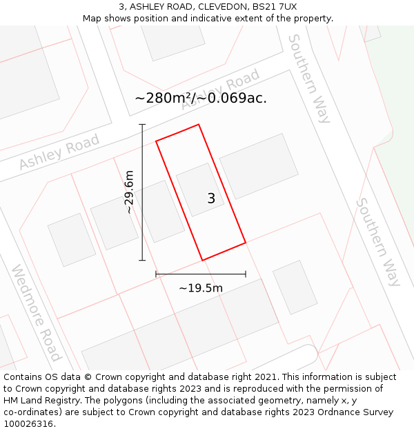 3, ASHLEY ROAD, CLEVEDON, BS21 7UX: Plot and title map