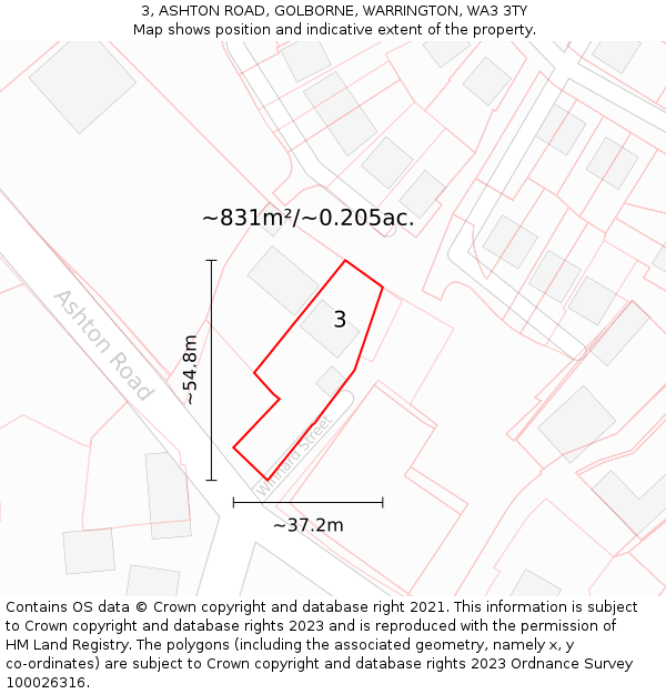 3, ASHTON ROAD, GOLBORNE, WARRINGTON, WA3 3TY: Plot and title map