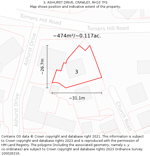 3, ASHURST DRIVE, CRAWLEY, RH10 7FS: Plot and title map