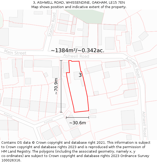 3, ASHWELL ROAD, WHISSENDINE, OAKHAM, LE15 7EN: Plot and title map