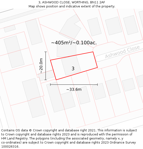 3, ASHWOOD CLOSE, WORTHING, BN11 2AF: Plot and title map