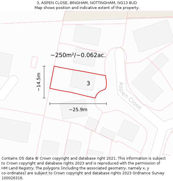 3, ASPEN CLOSE, BINGHAM, NOTTINGHAM, NG13 8UD: Plot and title map