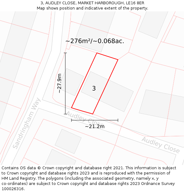 3, AUDLEY CLOSE, MARKET HARBOROUGH, LE16 8ER: Plot and title map