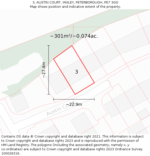 3, AUSTIN COURT, YAXLEY, PETERBOROUGH, PE7 3GG: Plot and title map