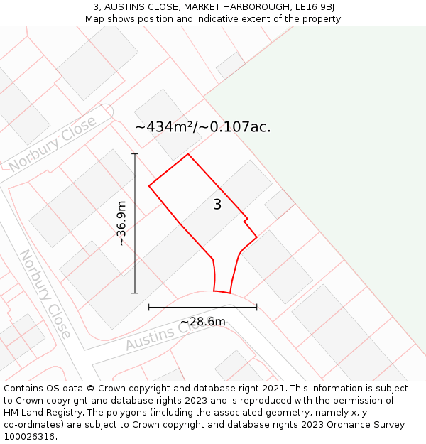 3, AUSTINS CLOSE, MARKET HARBOROUGH, LE16 9BJ: Plot and title map