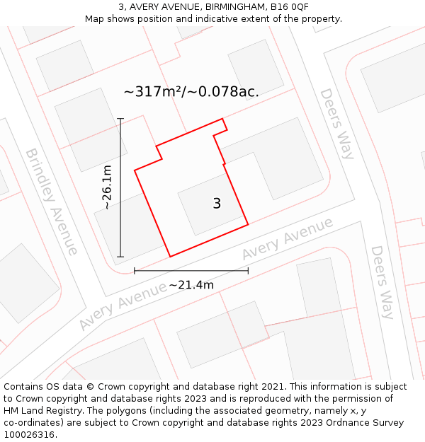 3, AVERY AVENUE, BIRMINGHAM, B16 0QF: Plot and title map