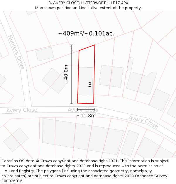 3, AVERY CLOSE, LUTTERWORTH, LE17 4PX: Plot and title map