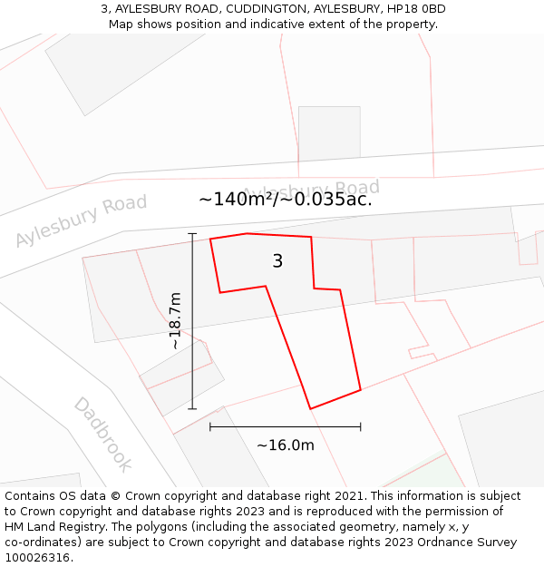 3, AYLESBURY ROAD, CUDDINGTON, AYLESBURY, HP18 0BD: Plot and title map