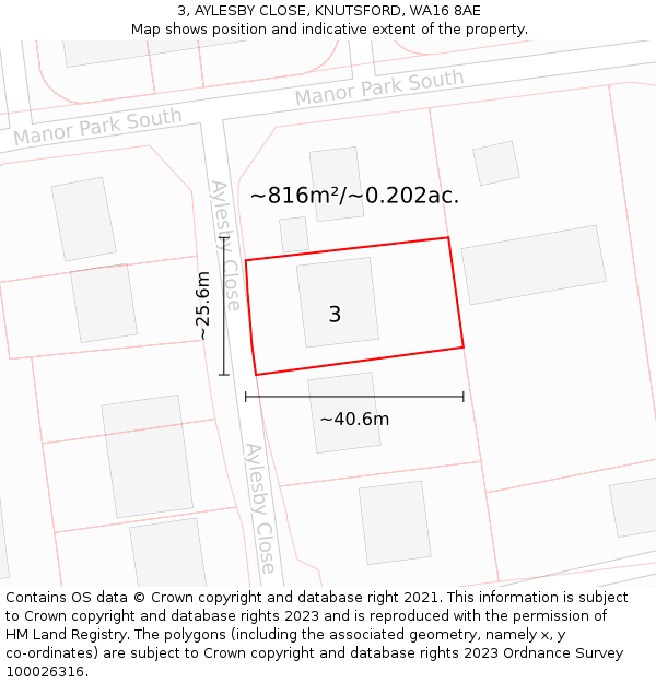 3, AYLESBY CLOSE, KNUTSFORD, WA16 8AE: Plot and title map