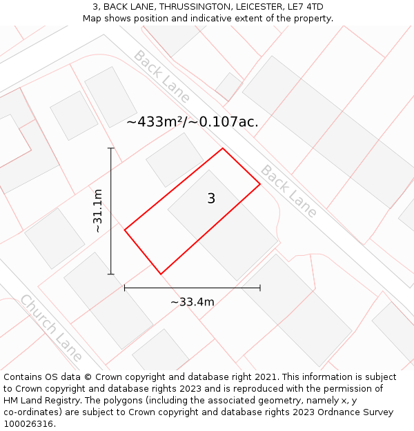 3, BACK LANE, THRUSSINGTON, LEICESTER, LE7 4TD: Plot and title map