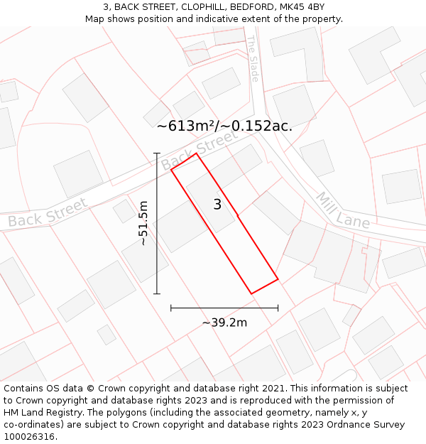 3, BACK STREET, CLOPHILL, BEDFORD, MK45 4BY: Plot and title map