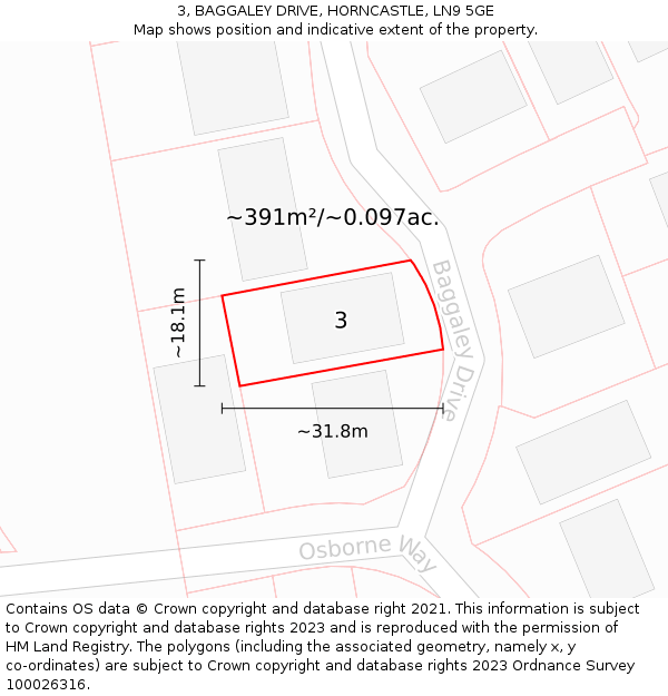 3, BAGGALEY DRIVE, HORNCASTLE, LN9 5GE: Plot and title map