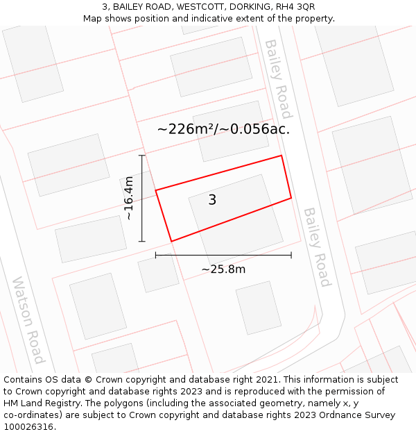 3, BAILEY ROAD, WESTCOTT, DORKING, RH4 3QR: Plot and title map