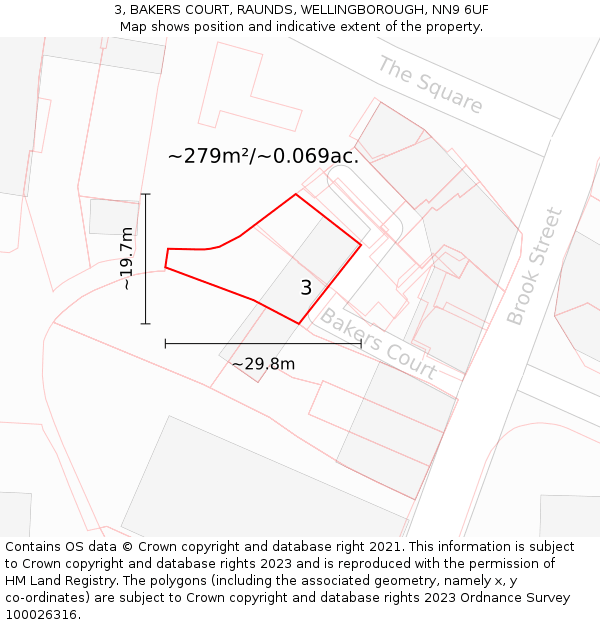 3, BAKERS COURT, RAUNDS, WELLINGBOROUGH, NN9 6UF: Plot and title map