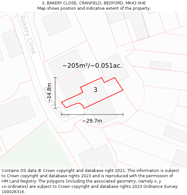 3, BAKERY CLOSE, CRANFIELD, BEDFORD, MK43 0HE: Plot and title map