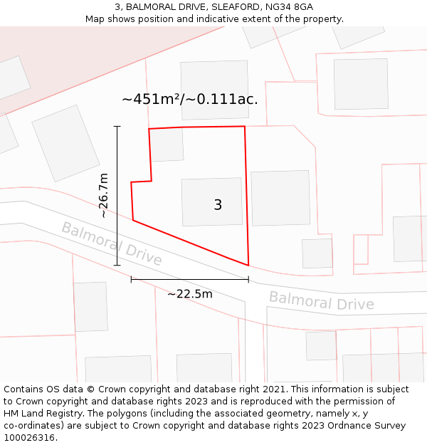 3, BALMORAL DRIVE, SLEAFORD, NG34 8GA: Plot and title map