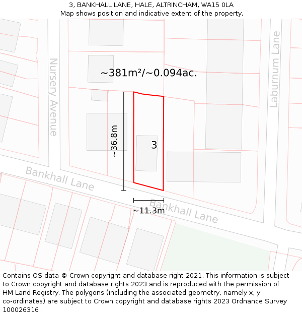 3, BANKHALL LANE, HALE, ALTRINCHAM, WA15 0LA: Plot and title map