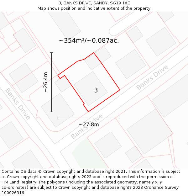 3, BANKS DRIVE, SANDY, SG19 1AE: Plot and title map