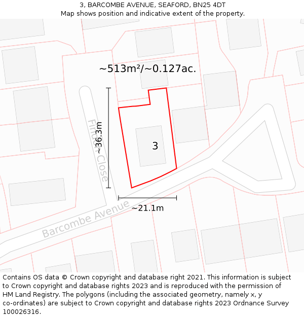 3, BARCOMBE AVENUE, SEAFORD, BN25 4DT: Plot and title map