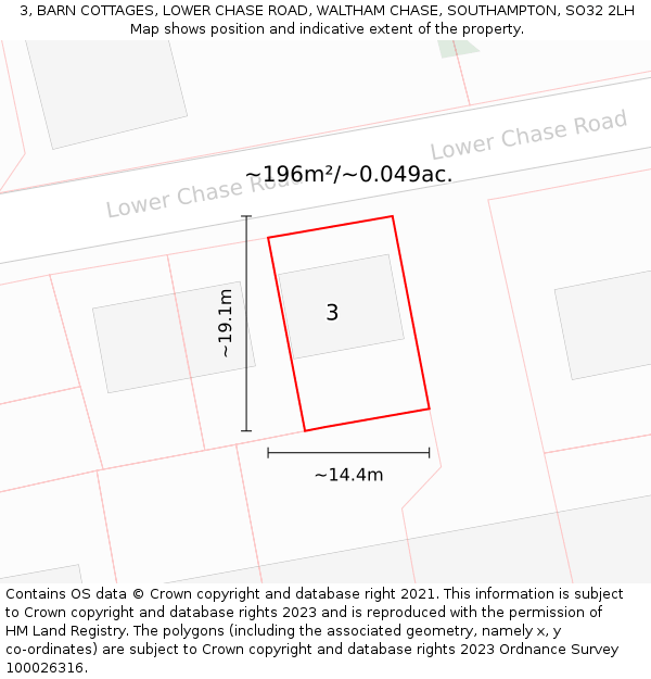 3, BARN COTTAGES, LOWER CHASE ROAD, WALTHAM CHASE, SOUTHAMPTON, SO32 2LH: Plot and title map