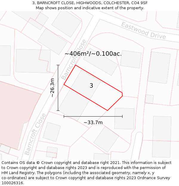 3, BARNCROFT CLOSE, HIGHWOODS, COLCHESTER, CO4 9SF: Plot and title map