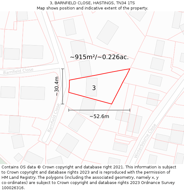 3, BARNFIELD CLOSE, HASTINGS, TN34 1TS: Plot and title map