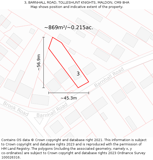 3, BARNHALL ROAD, TOLLESHUNT KNIGHTS, MALDON, CM9 8HA: Plot and title map