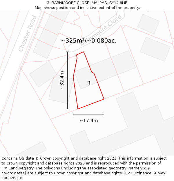 3, BARNMOORE CLOSE, MALPAS, SY14 8HR: Plot and title map