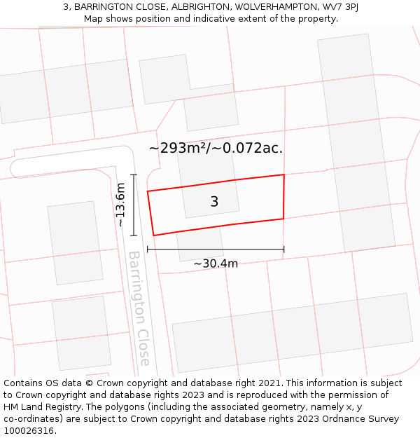 3, BARRINGTON CLOSE, ALBRIGHTON, WOLVERHAMPTON, WV7 3PJ: Plot and title map