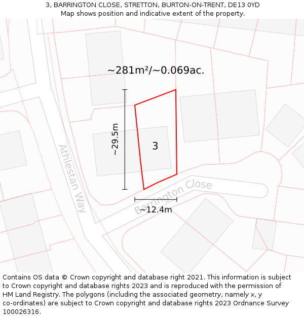 3, BARRINGTON CLOSE, STRETTON, BURTON-ON-TRENT, DE13 0YD: Plot and title map