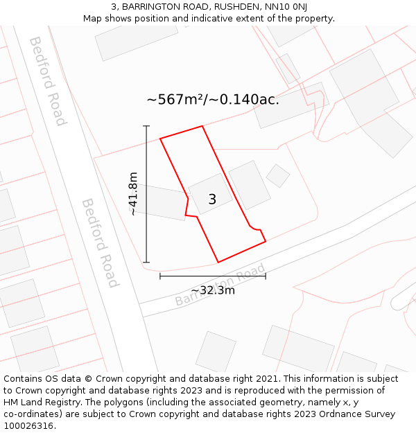 3, BARRINGTON ROAD, RUSHDEN, NN10 0NJ: Plot and title map