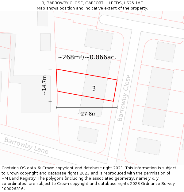 3, BARROWBY CLOSE, GARFORTH, LEEDS, LS25 1AE: Plot and title map