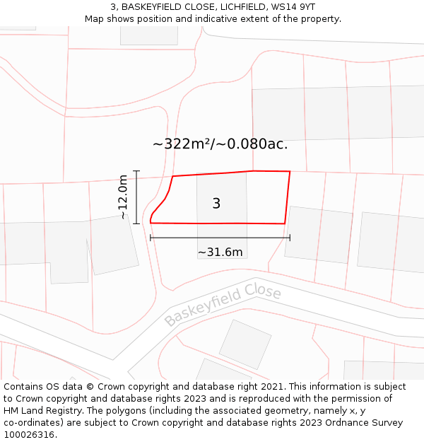 3, BASKEYFIELD CLOSE, LICHFIELD, WS14 9YT: Plot and title map