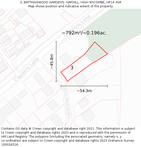 3, BATTINGSWOOD GARDENS, NAPHILL, HIGH WYCOMBE, HP14 4SR: Plot and title map