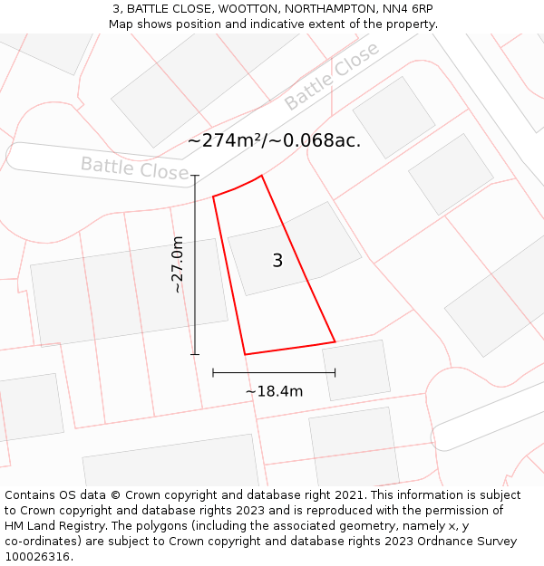 3, BATTLE CLOSE, WOOTTON, NORTHAMPTON, NN4 6RP: Plot and title map