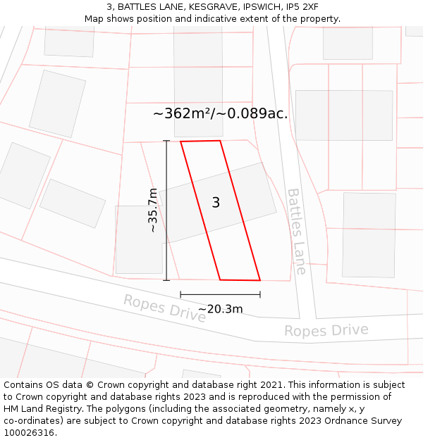 3, BATTLES LANE, KESGRAVE, IPSWICH, IP5 2XF: Plot and title map