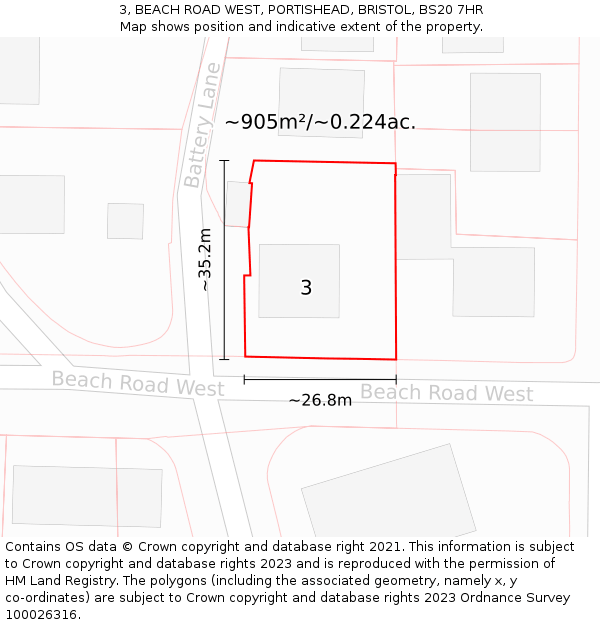 3, BEACH ROAD WEST, PORTISHEAD, BRISTOL, BS20 7HR: Plot and title map