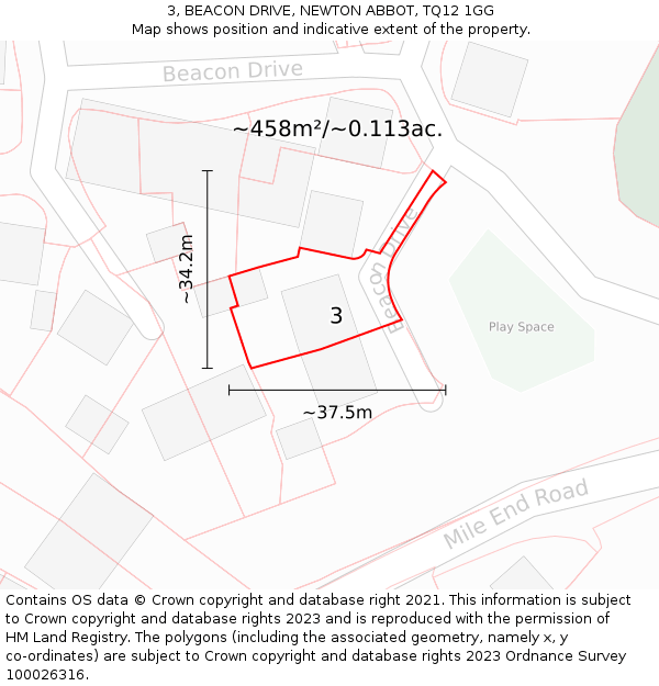 3, BEACON DRIVE, NEWTON ABBOT, TQ12 1GG: Plot and title map