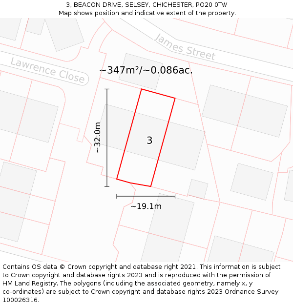 3, BEACON DRIVE, SELSEY, CHICHESTER, PO20 0TW: Plot and title map