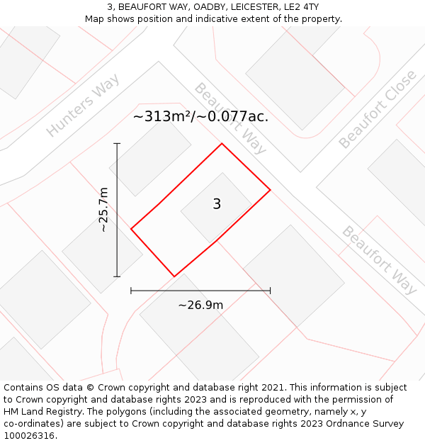 3, BEAUFORT WAY, OADBY, LEICESTER, LE2 4TY: Plot and title map