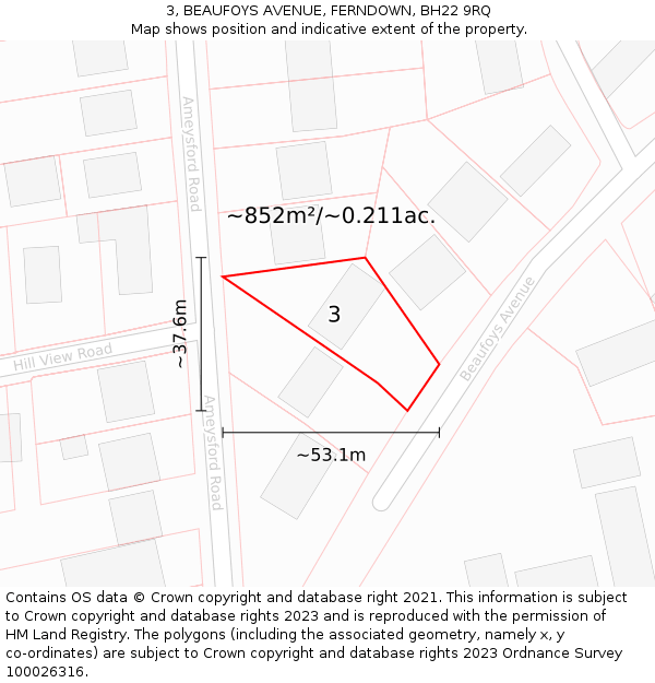 3, BEAUFOYS AVENUE, FERNDOWN, BH22 9RQ: Plot and title map