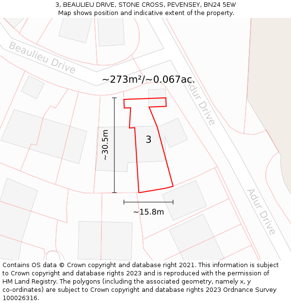 3, BEAULIEU DRIVE, STONE CROSS, PEVENSEY, BN24 5EW: Plot and title map
