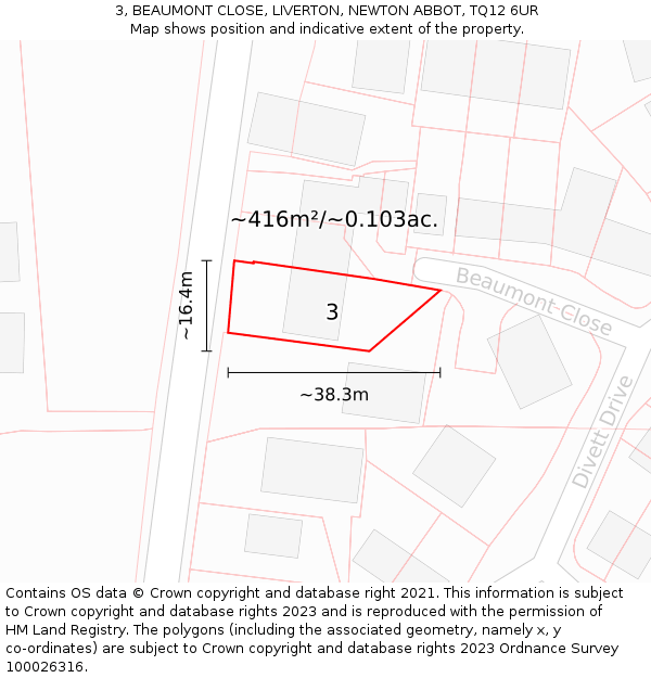 3, BEAUMONT CLOSE, LIVERTON, NEWTON ABBOT, TQ12 6UR: Plot and title map