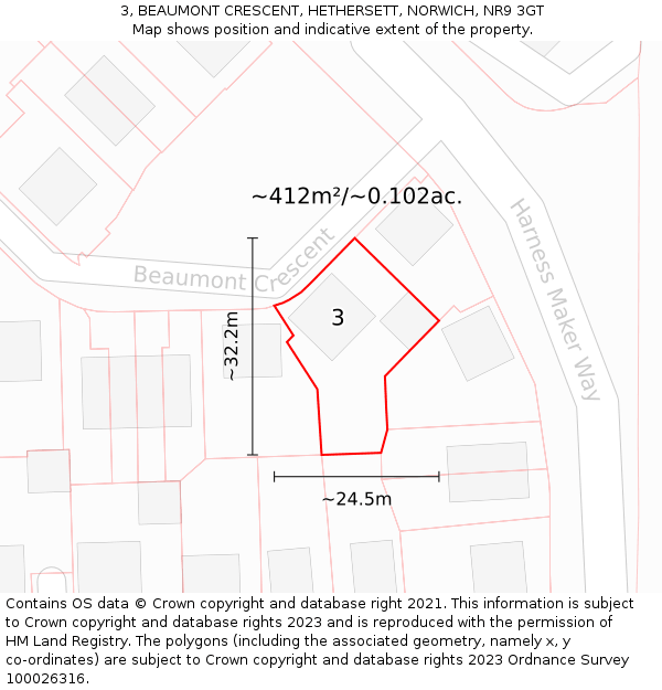 3, BEAUMONT CRESCENT, HETHERSETT, NORWICH, NR9 3GT: Plot and title map