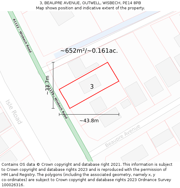 3, BEAUPRE AVENUE, OUTWELL, WISBECH, PE14 8PB: Plot and title map