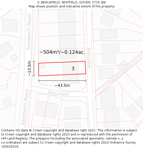 3, BEAUXFIELD, WHITFIELD, DOVER, CT16 3JW: Plot and title map